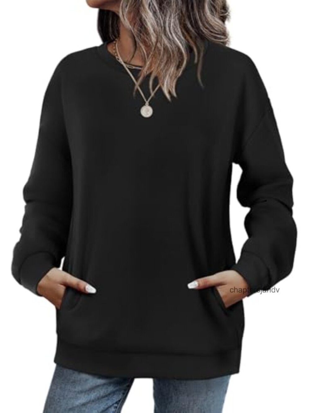 Womens Crewneck Sweatshirt with Hidden Pocket Long Sleeve Pullover